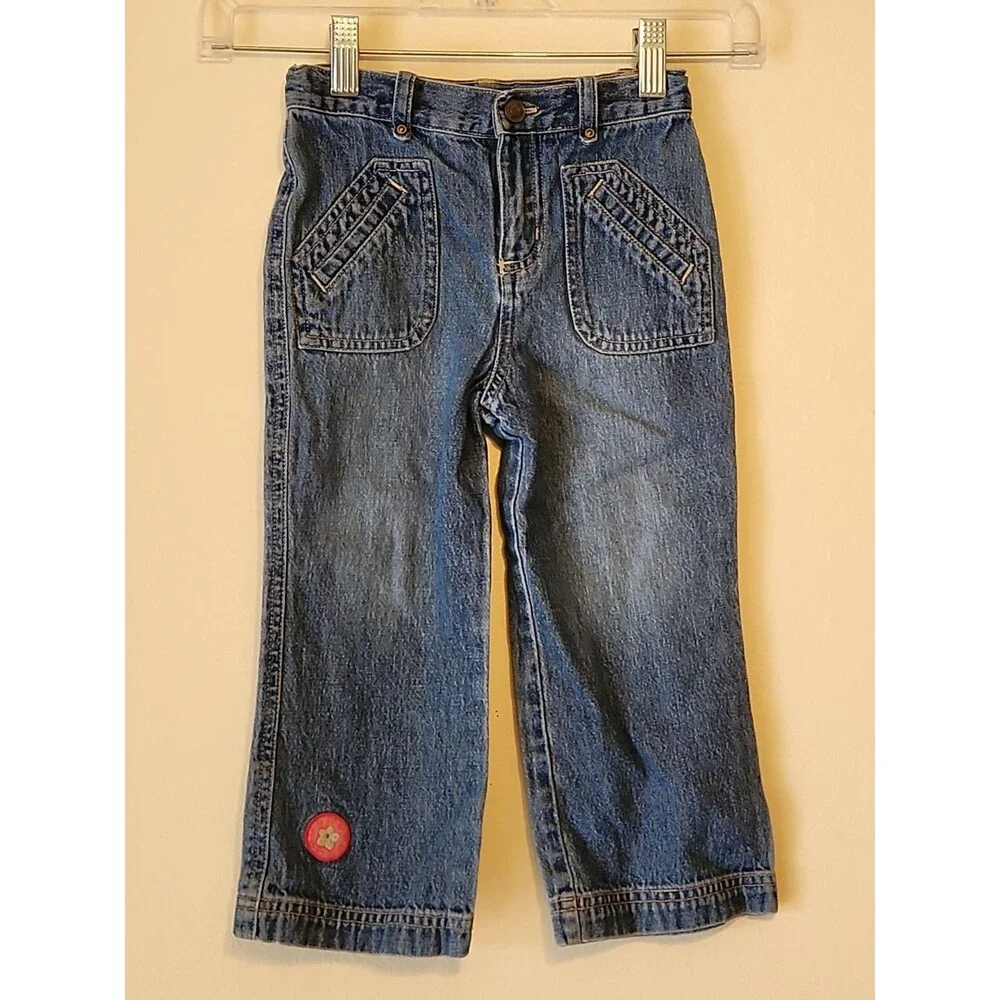 Vintage Genuine Kids OshKosh Girls Jeans 3T Adjustable Waist Flower Patch Y2K